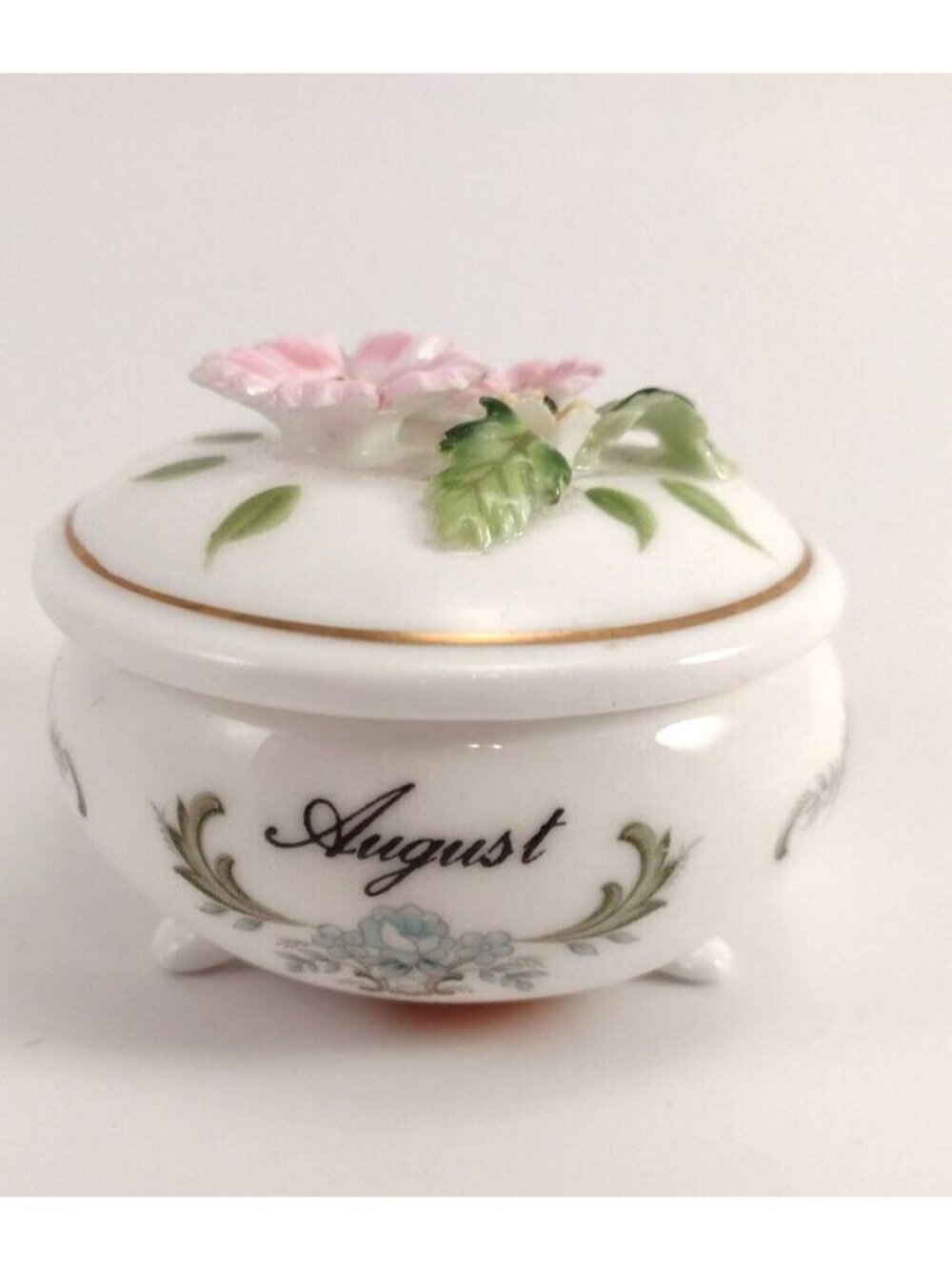 Vintage ENESCO Maruri 1977 August Floral Trinket Container Box Bone China Flower